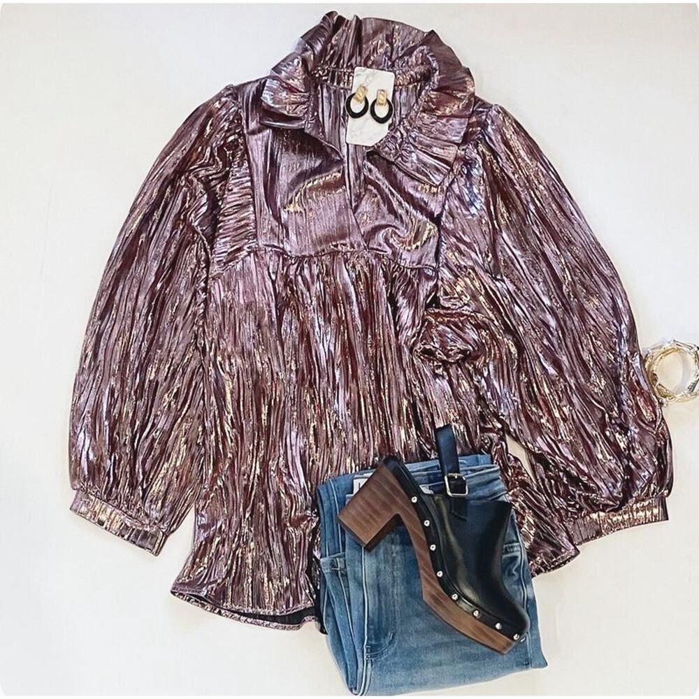 Hausen Oversized Boho Metallic Morgan Ruffle Collar Disco Tunic Top M NWT $98